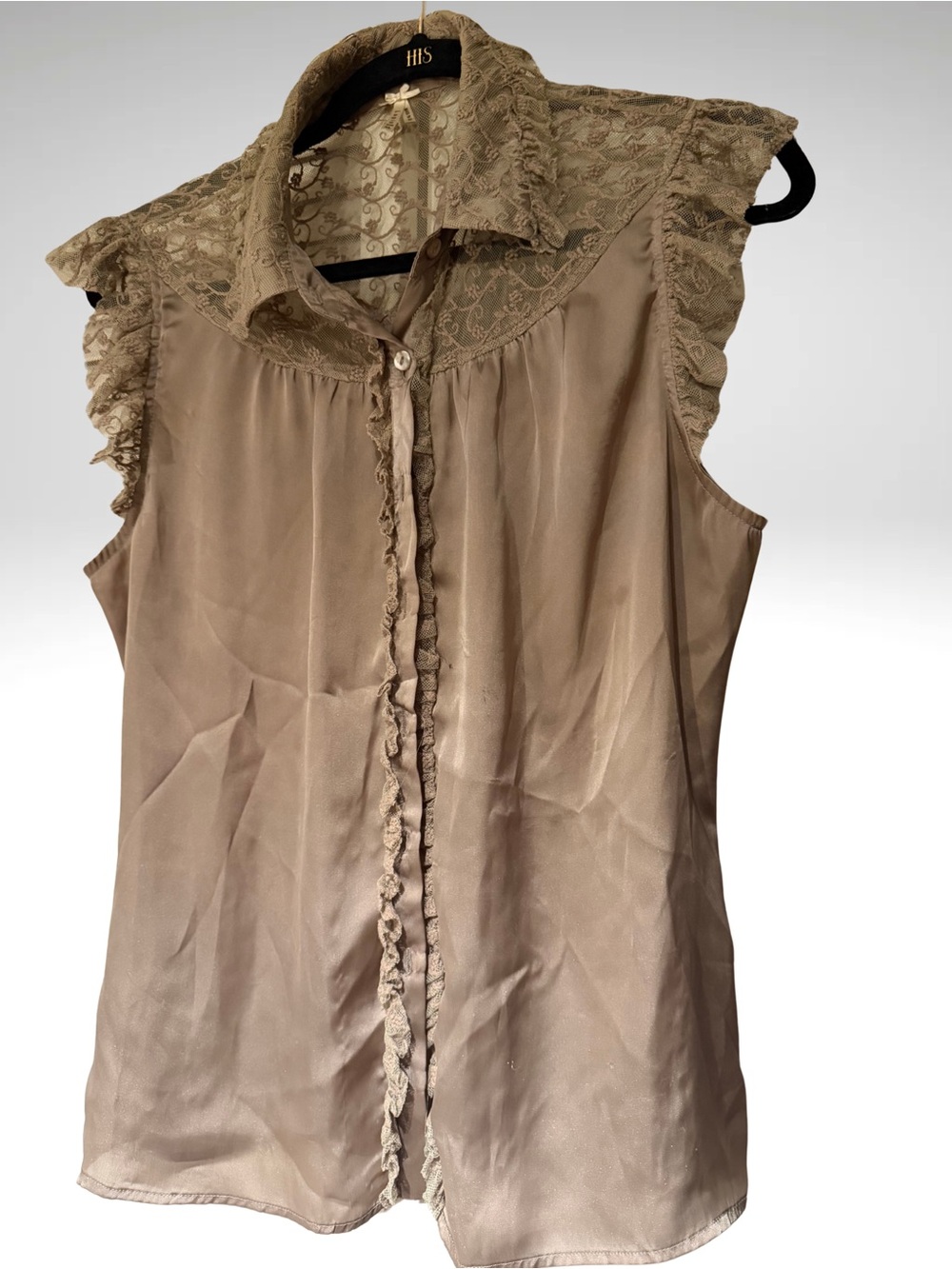 Lace Yoke Ruffle Sleeveless Blouse - Taupe
